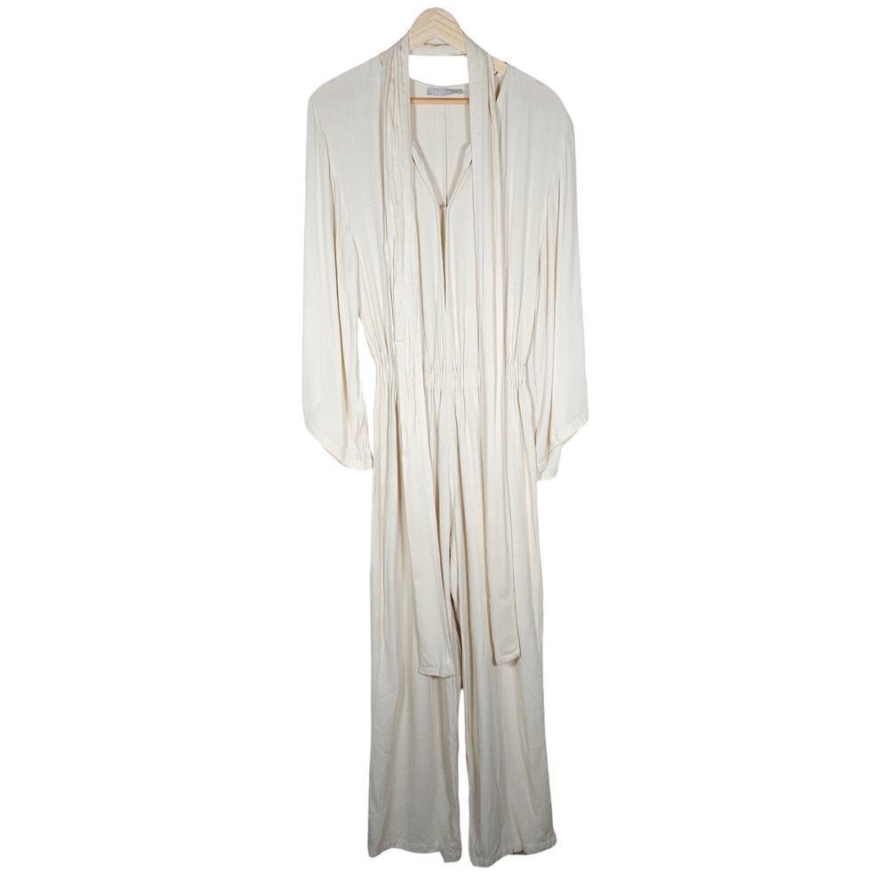 Indah Jumpsuit Small Cream Linen Blend Long Sleeves Neck Tie One Piece Outfit